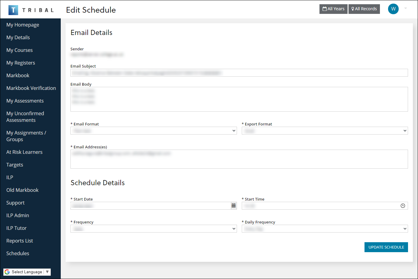 Edit Schedule screen